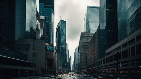 downtown financial district and city skyline, city, glass tall buildings, Generative Aiの素材