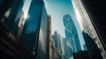 downtown financial district and city skyline, city, glass tall buildings, Generative Aiの素材