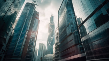 downtown financial district and city skyline, city, glass tall buildings, Generative Aiの素材