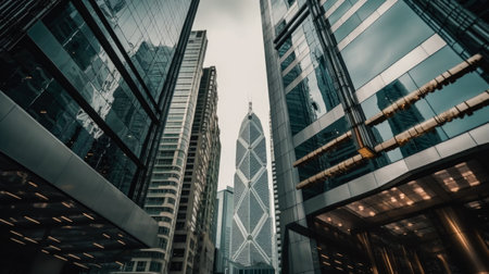 downtown financial district and city skyline, city, glass tall buildings, Generative Aiの素材