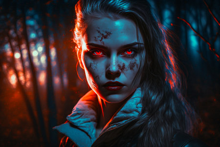 Portrait of a young vampire woman in the forest. Halloween theme. Generative AIの素材