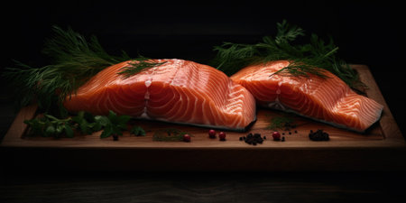Uncooked Raw Salmon Fish Steaks on butcher board with herbs. Black background. Top view, Generative AIの素材