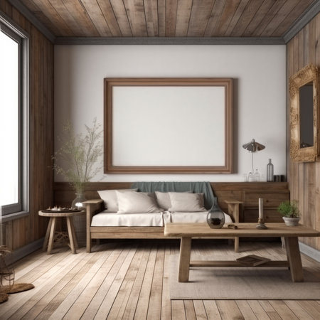 Interior of modern living room with wooden walls, wooden floor, comfortable white sofa and horizontal mock up poster frame. Generative AIの素材