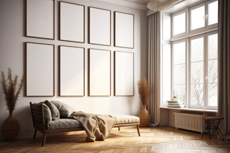 Interior of modern living room with brown sofa and wooden floor, generated by AIの素材