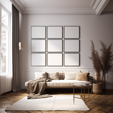 Interior of modern bedroom with white walls, wooden floor, comfortable white sofa with beige pillows, coffee table and vertical mock up poster frame. generated AIの素材