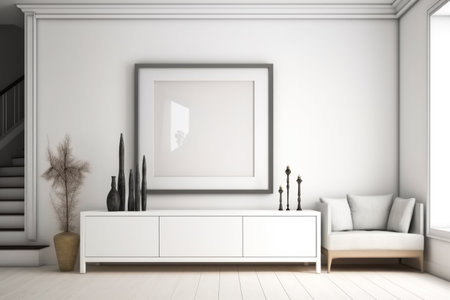 White living room interior with a white sofa, a coffee table and a vertical poster. Generative AIの素材