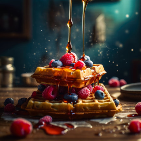 Belgian waffles with fresh raspberries and blueberries on wooden background, Generative AIの素材