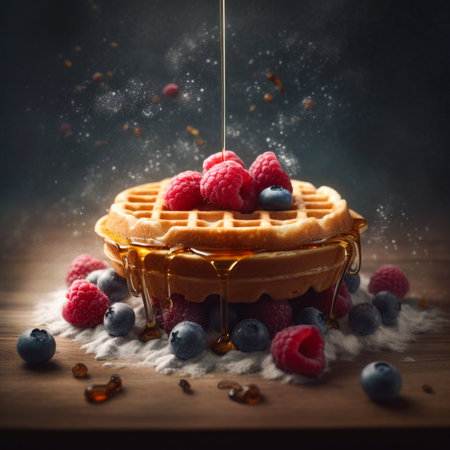 Belgian waffles with fresh raspberries and blueberries on wooden background, Generative AIの素材