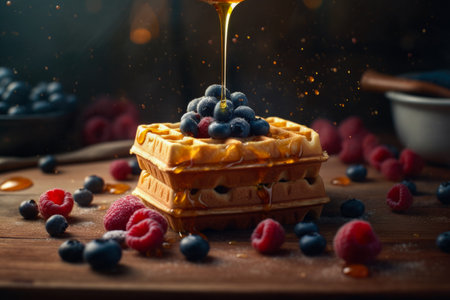 Belgian waffles with blueberries and raspberries, sprinkled with honey, Generative AIの素材