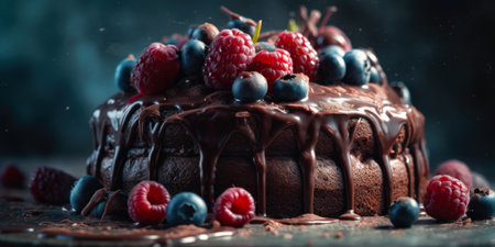 Chocolate cake with berries on a dark background. selective focus. Generative AIの素材