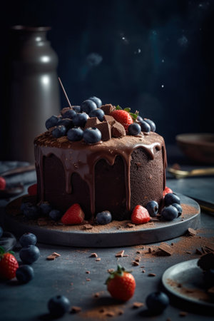 chocolate cake with berries on a dark background. tinting. selective focus, generative AIの素材