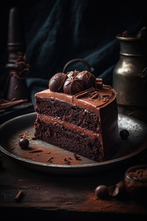 Homemade chocolate cake on a dark wooden background. selective focus. Generative AIの素材