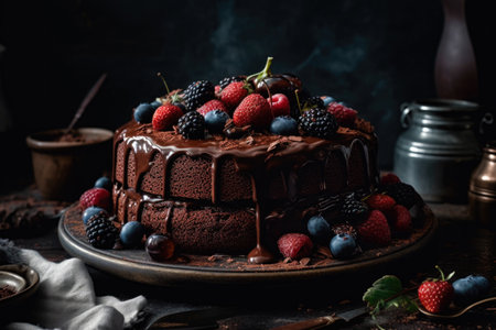 Chocolate cake with fresh berries on dark background. selective focus. Generative AIの素材