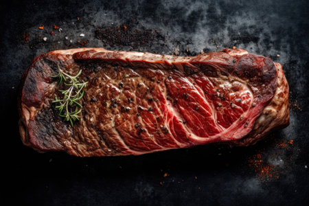 Raw T-bone steak with herbs and spices on black background, top viewの素材