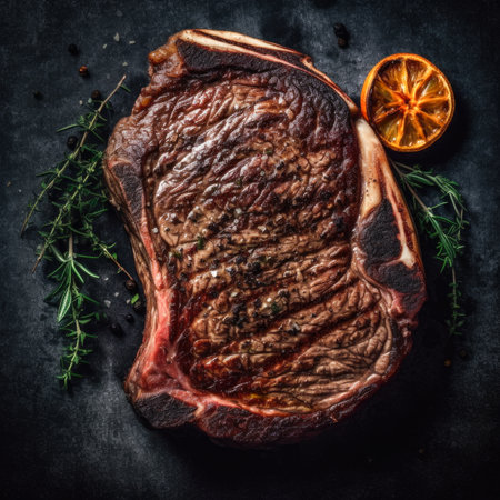 Grilled T-bone steak with herbs and spices on black backgroundの素材