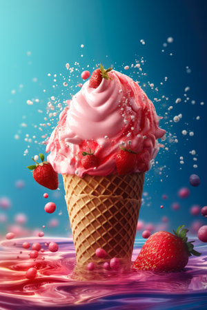 Strawberry ice cream in waffle cone with splash on blue backgroundの素材