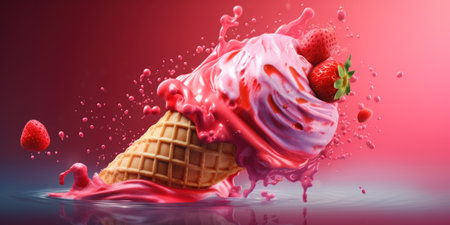 Strawberry ice cream splashing out of waffle coneの素材