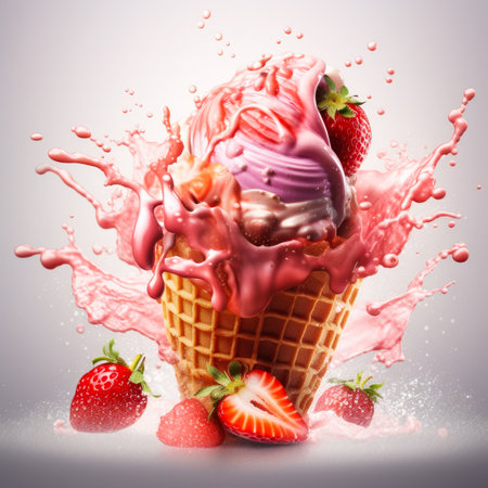 Ice cream with strawberry in waffle cone and splashes on gray backgroundの素材
