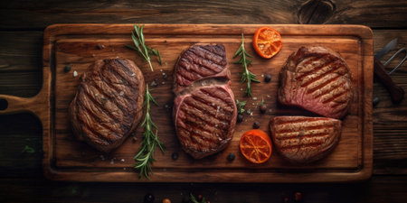 Barbecue grilled steaks - salmon, beef rib eye and turkey fillet on a wooden board. wooden background. Top view, Generative AIの素材