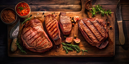 Sliced beef steak on wooden cutting board. top view.の素材