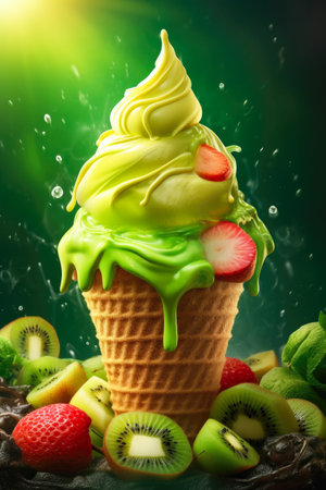 Fruit ice cream in waffle cone with splashes on green backgroundの素材