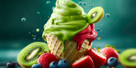 Fruit ice cream in a waffle cone on a green backgroundの素材