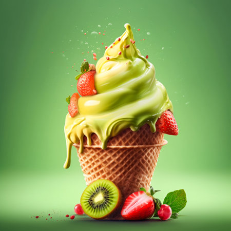 Ice cream with kiwi and strawberries in waffle cone on green backgroundの素材