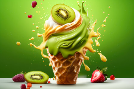 Fruit ice cream with kiwi, strawberry and orange juice splashの素材