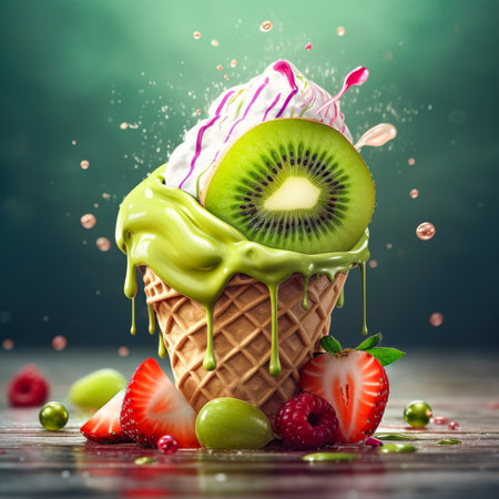Fruit ice cream with kiwi, strawberry, raspberry and mintの素材