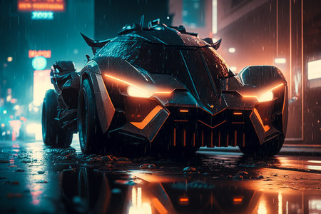 3d rendering of a monster car with neon lights in the rainの素材