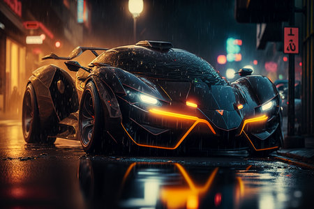 Futuristic sports car in the rain.の素材