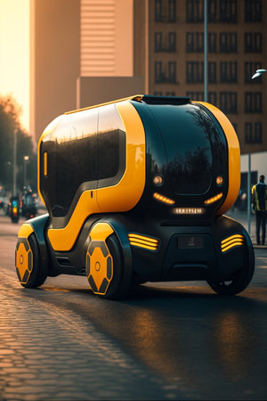 Yellow electric self-driving electric car in Manhattan, NYC.の素材