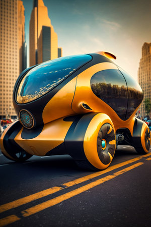 Electric car on the city street at sunset.の素材