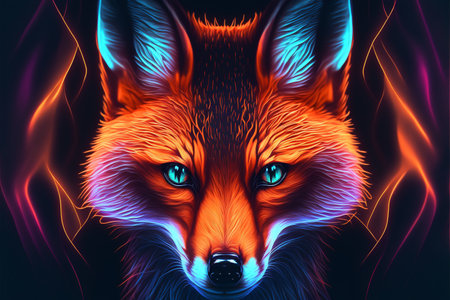 Red fox with blue eyes. Futuristic animal portrait.の素材