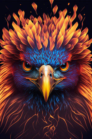 Eagle head with fire flames on dark background.の素材