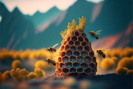 Honeycomb with bees on the background of mountains.の素材