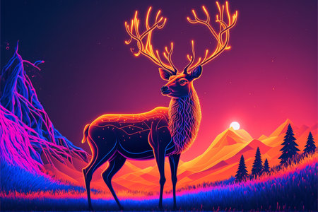Deer on the background of the night landscape.の素材