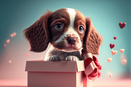 Cute puppy peeking out of a gift box.の素材
