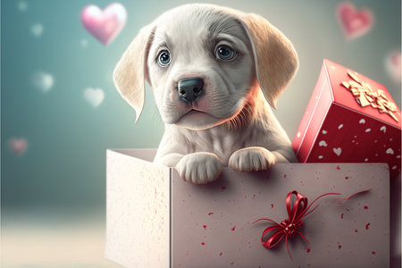 Cute puppy in a gift box. Valentine's day concept.の素材