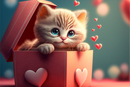 Cute kitten in a gift box. Valentine's day concept.の素材