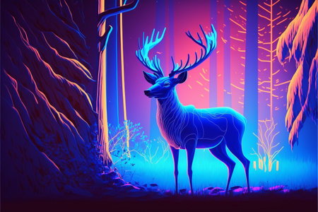 Silhouette of deer in the night forest.の素材