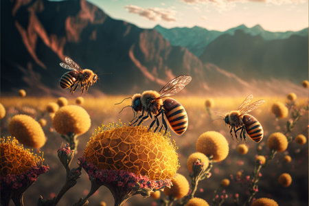 Honey bees on flowers in the mountains.の素材
