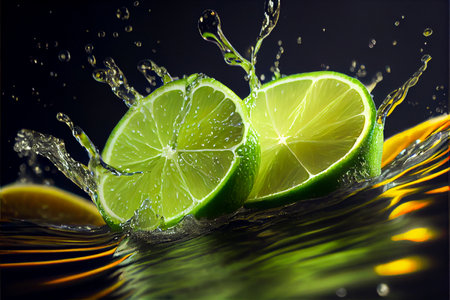 Fresh lime with water splash isolated on black background.の素材