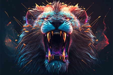 Angry lion with sharp teeth and open mouth. vector illustration.の素材