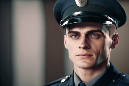 handsome young male policeman, officer, in police uniform. against the backdrop of a police station. Generative AIの素材