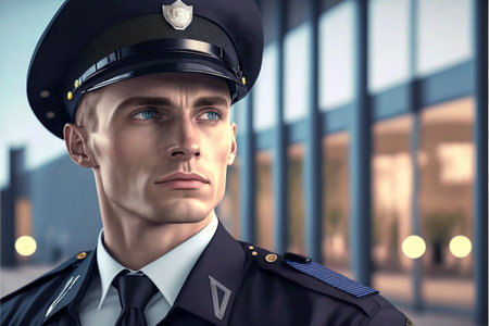 handsome young male policeman, officer, in police uniform. against the backdrop of a police station. Generative AIの素材