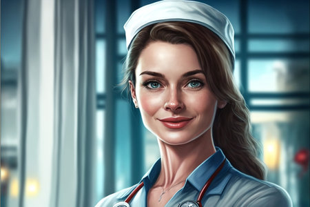 Smiling young woman doctor. beautiful girl medic, in a white uniform. Generative AIの素材