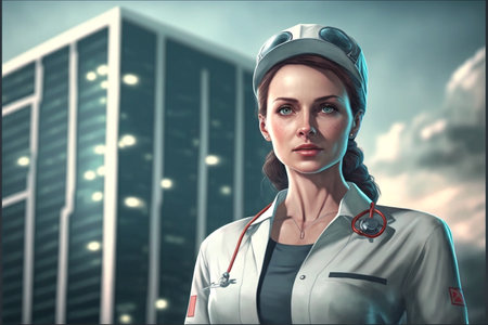 Smiling young woman doctor. beautiful girl medic, in a white uniform. Generative AIの素材
