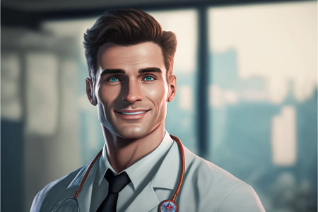 Closeup shot of young beautiful man doctor. in white uniform against looking perfectly confident. medic. portrait of a smiling doctor. AIの素材