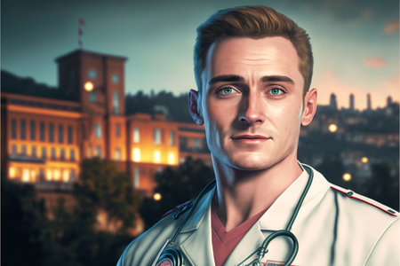 Closeup shot of young beautiful man doctor. in white uniform against looking perfectly confident. medic. portrait of a smiling doctor. AIの素材